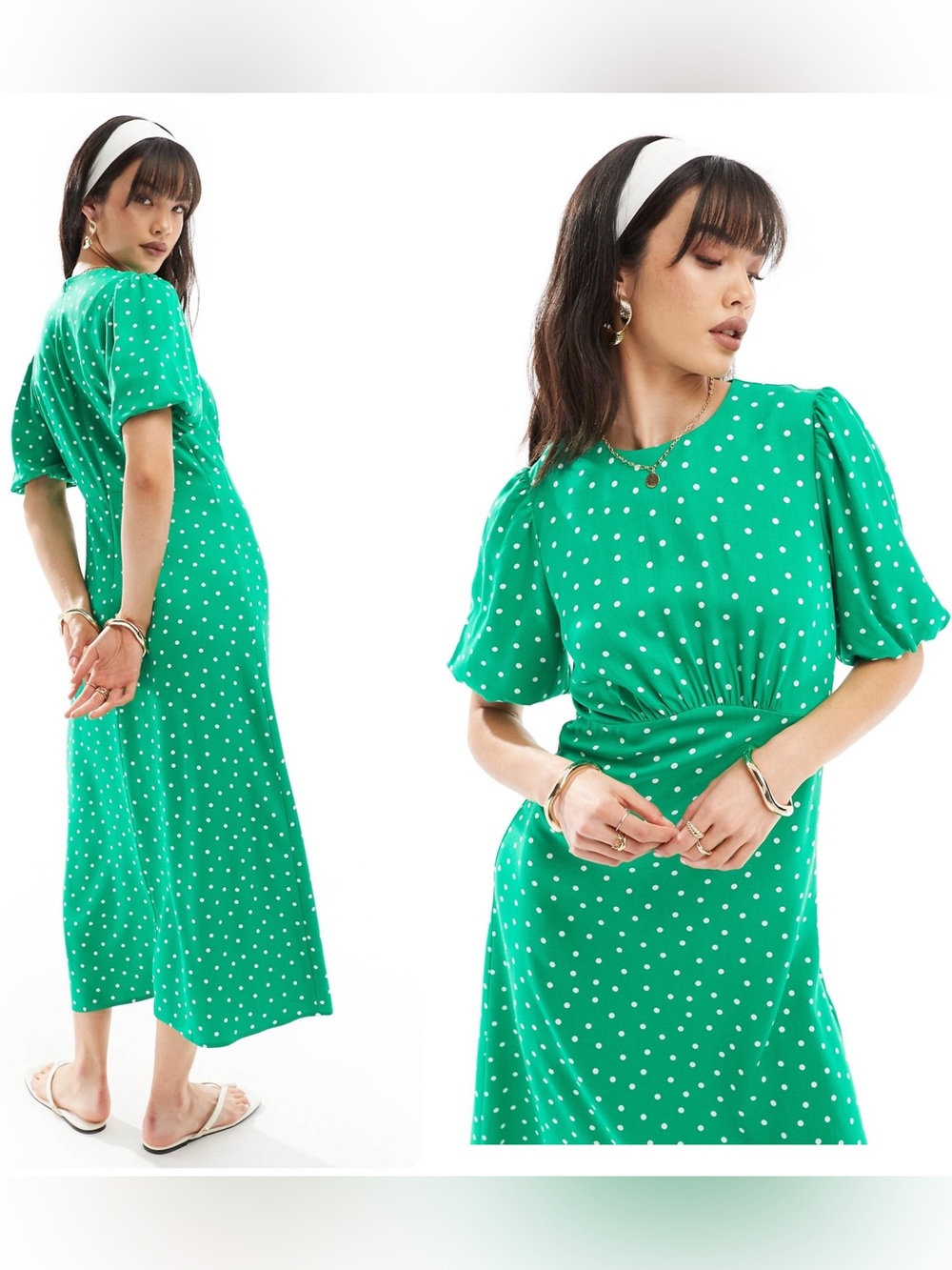NWT Nobody’s Child Green Polka Dot Tallulah Midi Puff Sleeve 100% Viscose Dress